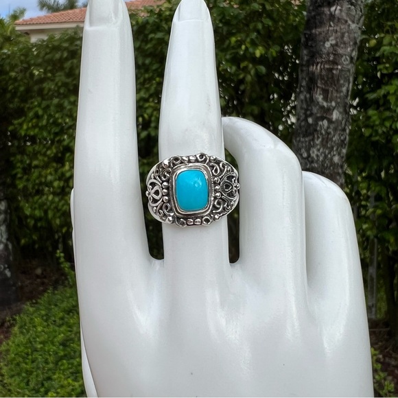 Arizona Sleeping Beauty Turquoise Scrolled Sterling Silver Split Band Ring Sz 8 - Picture 4 of 12